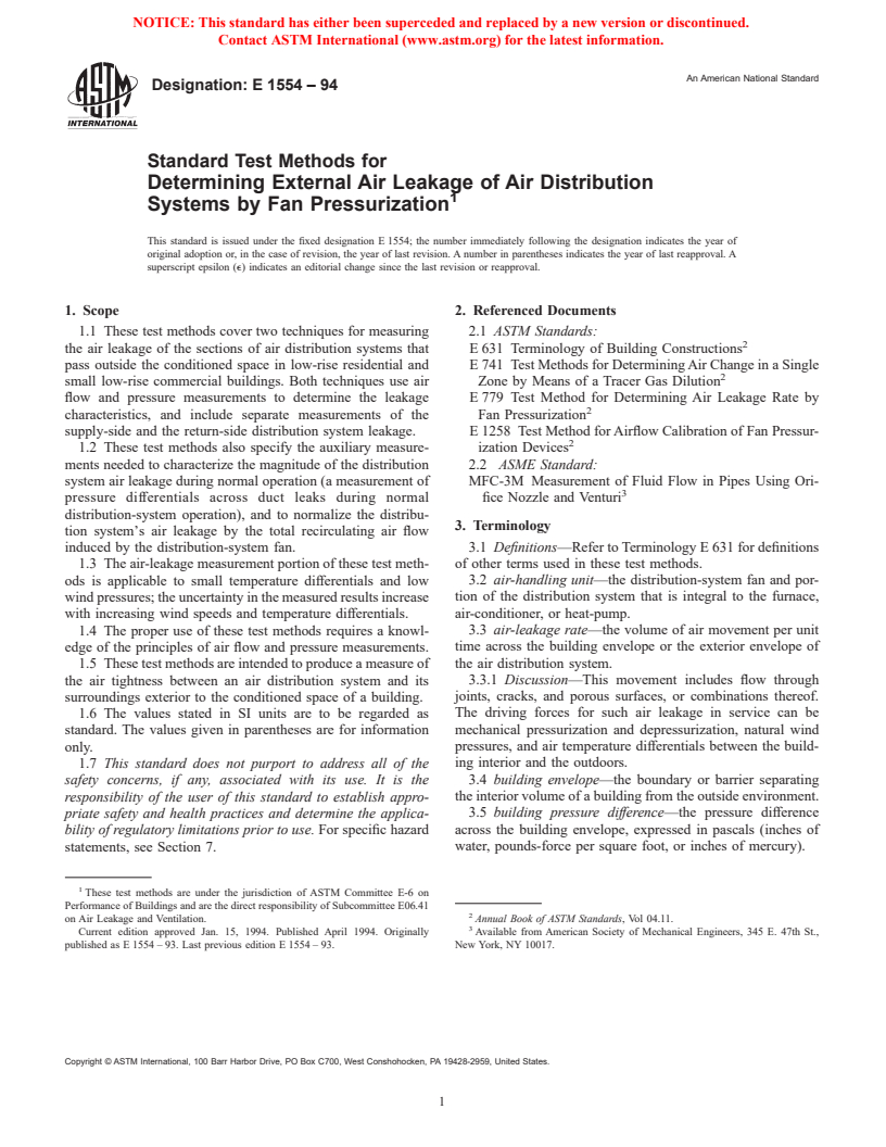 ASTM E1554-94 - Standard Test Methods for Determining External Air Leakage of Air Distribution Systems by Fan Pressurization