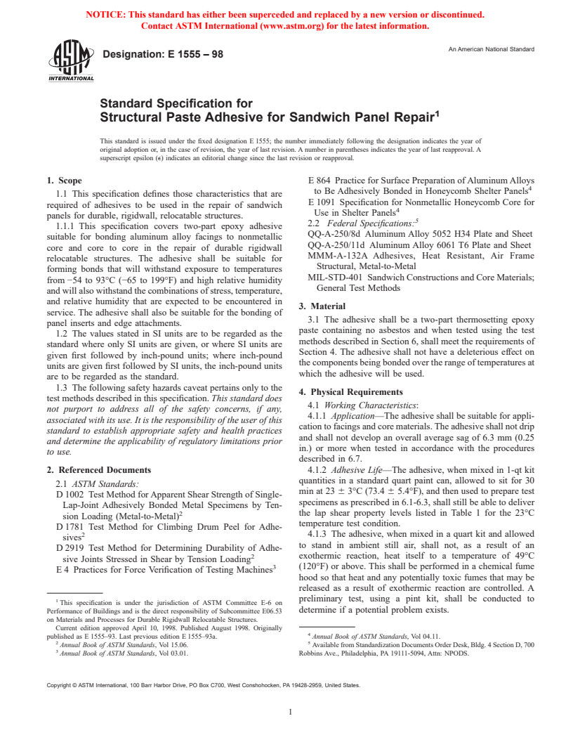 ASTM E1555-98 - Standard Specification for Structural Paste Adhesive for Sandwich Panel Repair