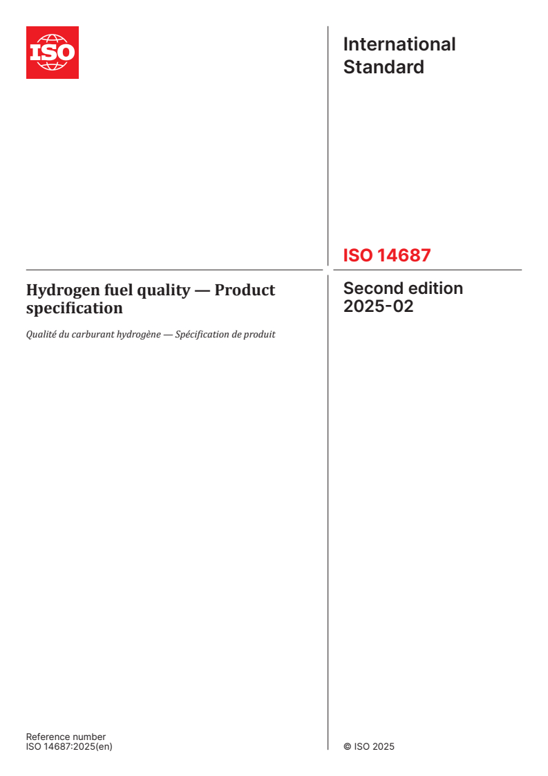 ISO 14687:2025 - Hydrogen fuel quality — Product specification
Released:12. 02. 2025