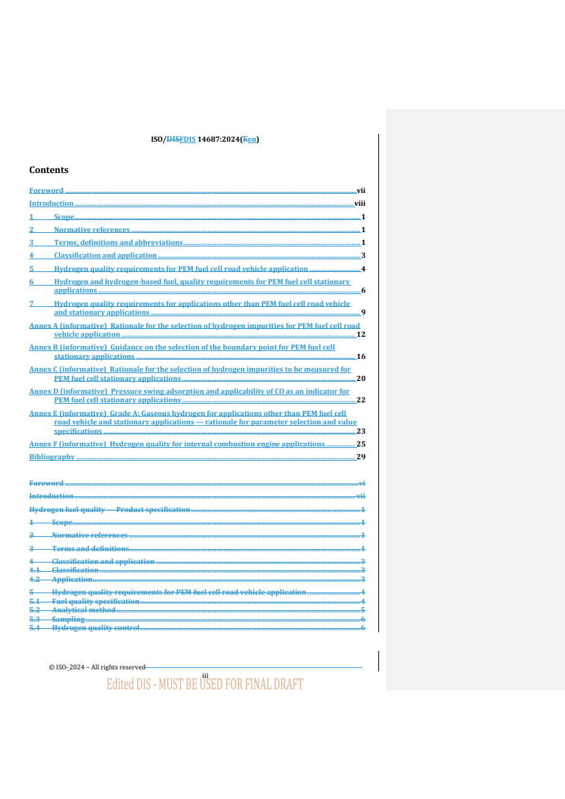 REDLINE ISO/FDIS 14687 - Hydrogen fuel quality — Product specification
Released:10/29/2024