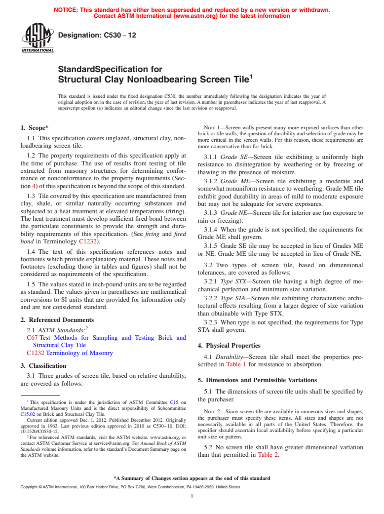 ASTM C530-12 - Standard Specification for  Structural Clay Nonloadbearing Screen Tile