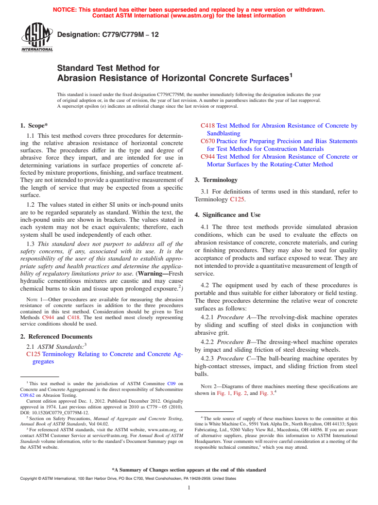 ASTM C779/C779M-12 - Standard Test Method for  Abrasion Resistance of Horizontal Concrete Surfaces