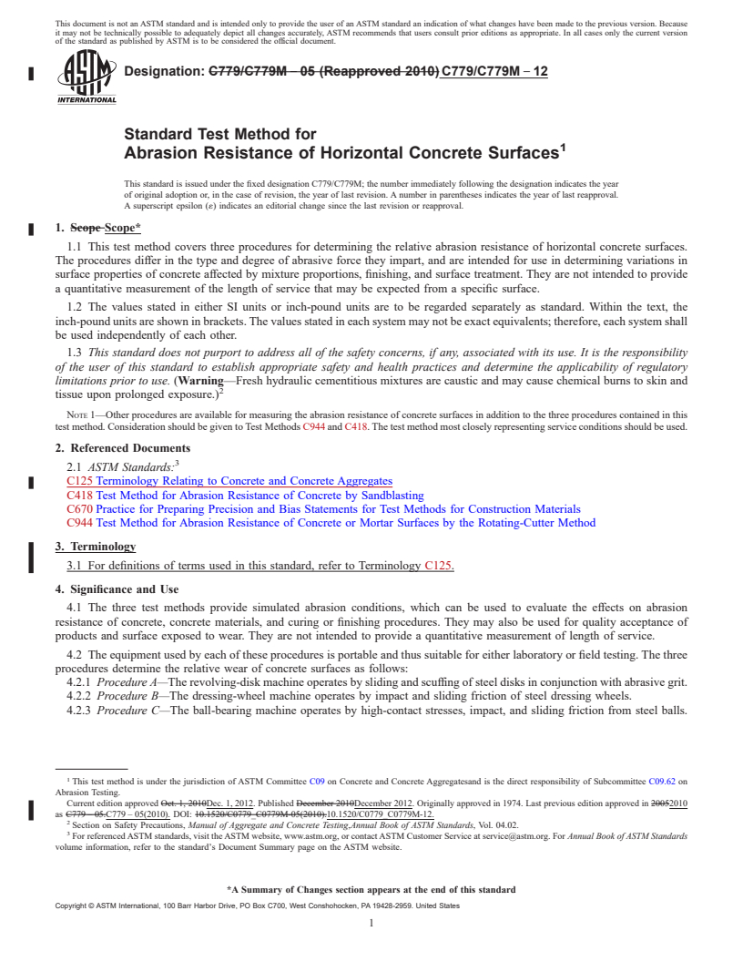 REDLINE ASTM C779/C779M-12 - Standard Test Method for  Abrasion Resistance of Horizontal Concrete Surfaces