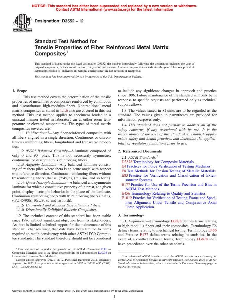 ASTM D3552-12 - Standard Test Method for  Tensile Properties of Fiber Reinforced Metal Matrix Composites