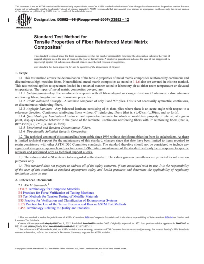 REDLINE ASTM D3552-12 - Standard Test Method for  Tensile Properties of Fiber Reinforced Metal Matrix Composites