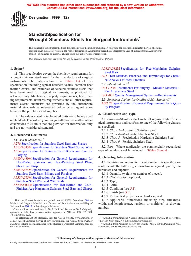 ASTM F899-12a - Standard Specification for Wrought Stainless Steels for Surgical Instruments