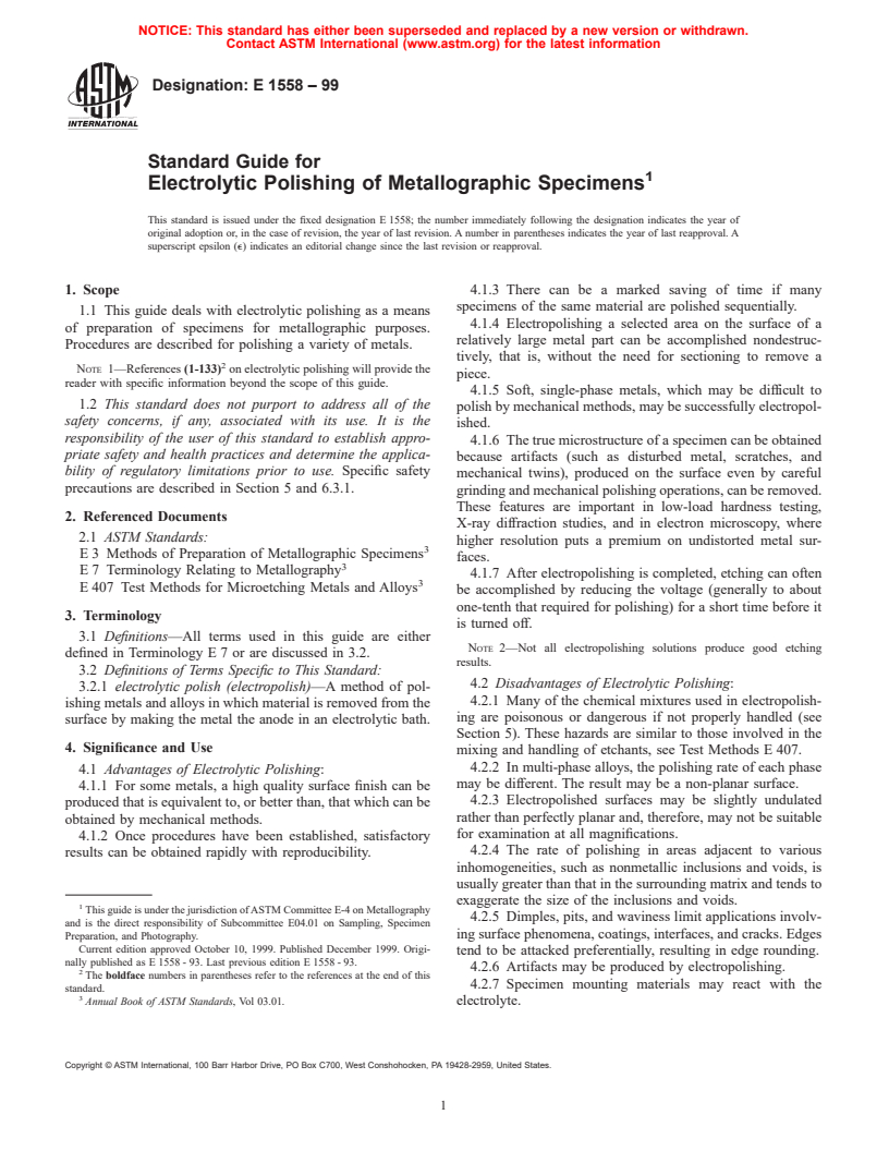 ASTM E1558-99 - Standard Guide for Electrolytic Polishing of Metallographic Specimens