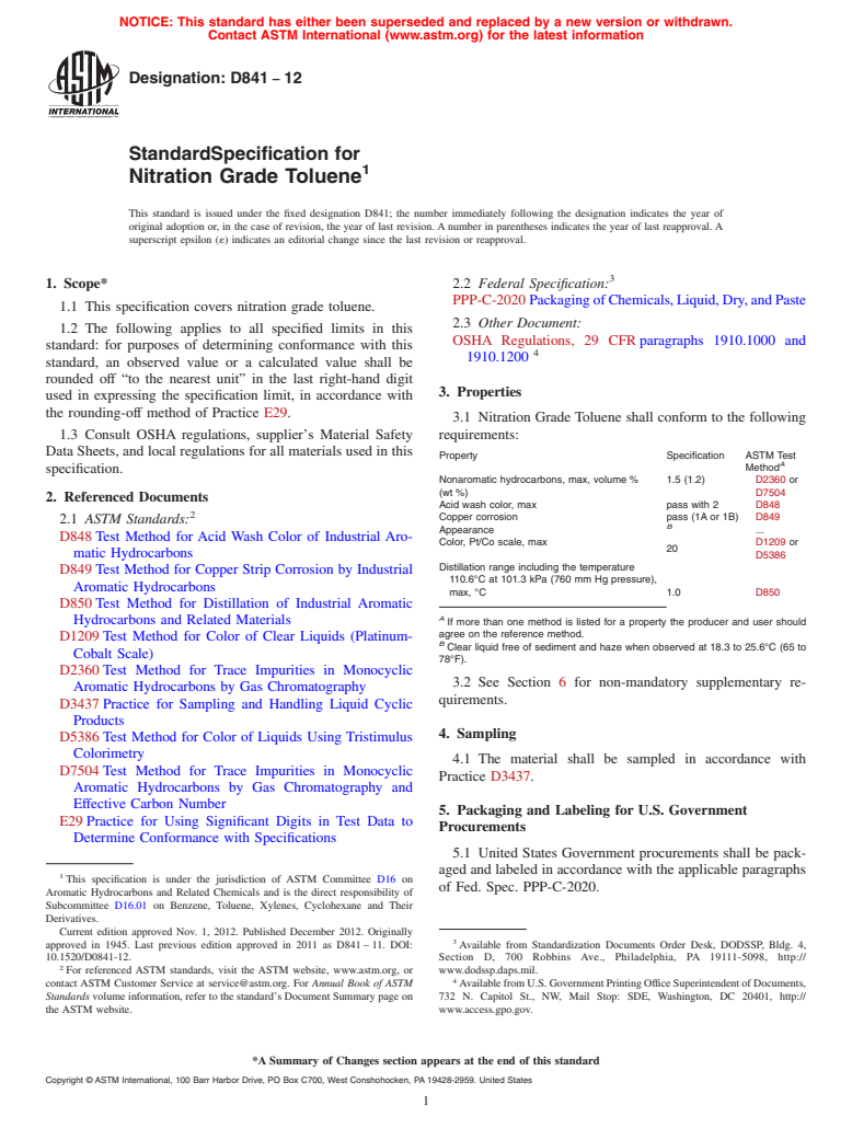 ASTM D841-12 - Standard Specification for Nitration Grade Toluene