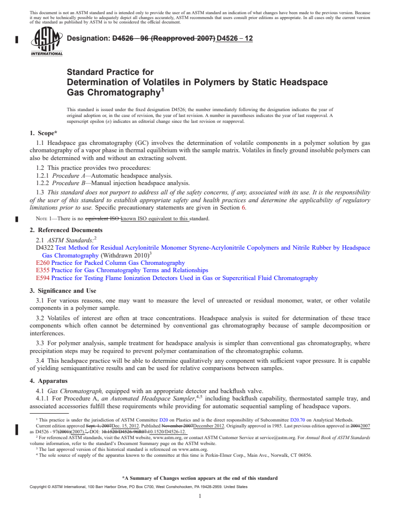 REDLINE ASTM D4526-12 - Standard Practice for  Determination of Volatiles in Polymers by Static Headspace  Gas Chromatography