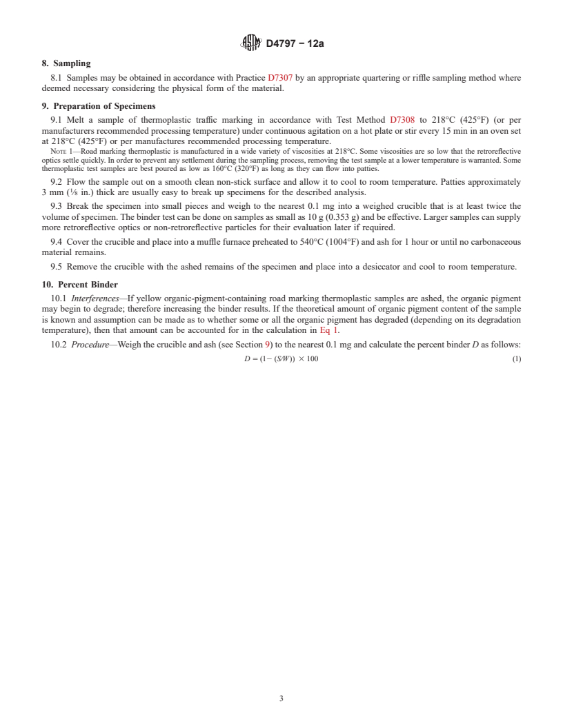 REDLINE ASTM D4797-12a - Standard Test Methods for  Gravimetric Analysis of White and Yellow Thermoplastic       Traffic Marking