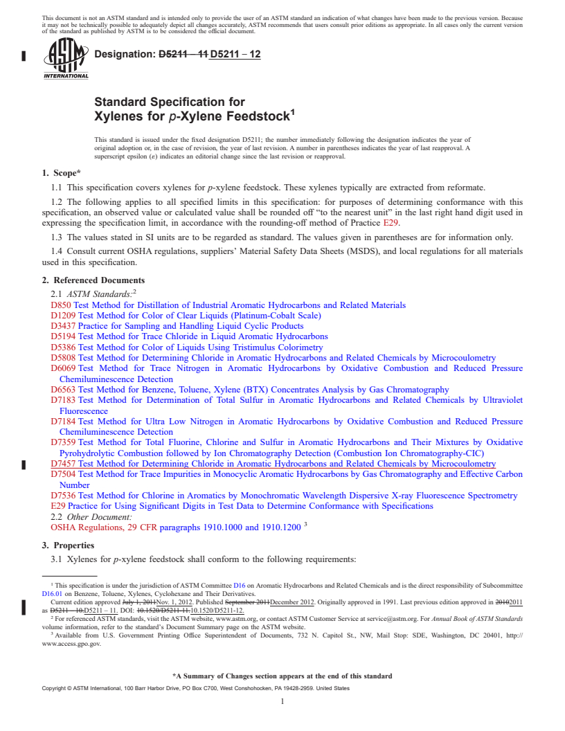 REDLINE ASTM D5211-12 - Standard Specification for Xylenes for p-Xylene Feedstock