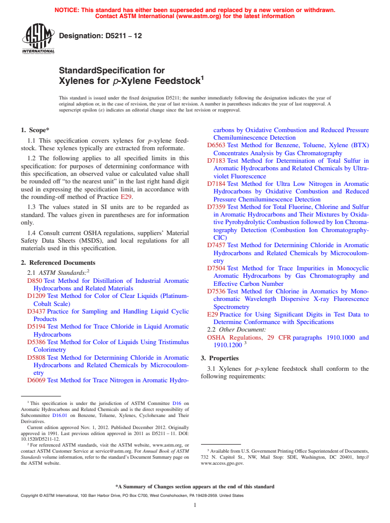 ASTM D5211-12 - Standard Specification for Xylenes for p-Xylene Feedstock