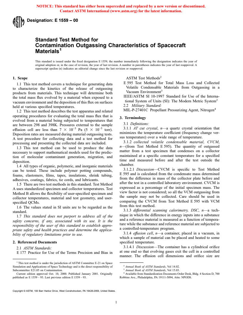 ASTM E1559-00 - Standard Test Method for Contamination Outgassing Characteristics of Spacecraft Materials