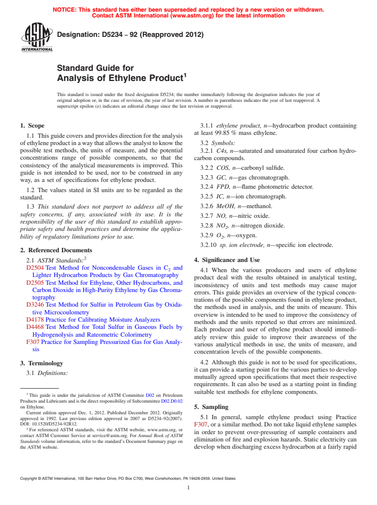 ASTM D5234-92(2012) - Standard Guide for  Analysis of Ethylene Product