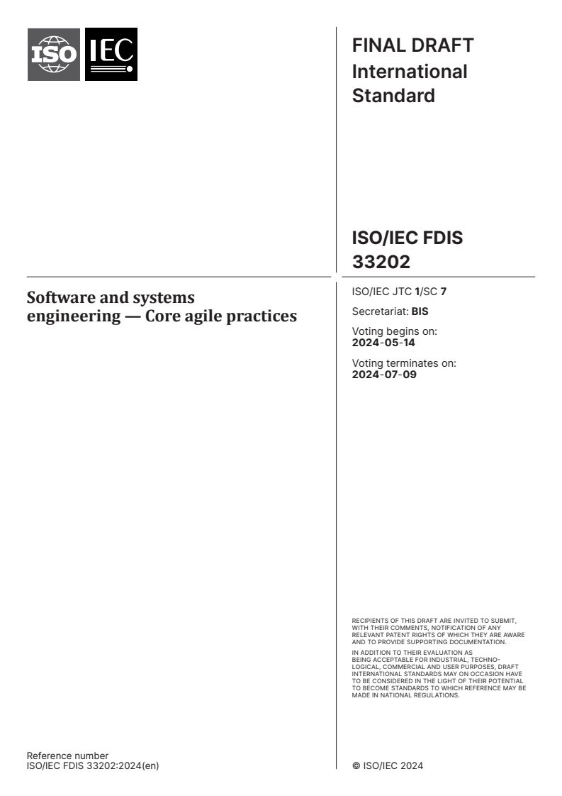 ISO/IEC FDIS 33202 - Software and systems engineering — Core agile practices
Released:30. 04. 2024
