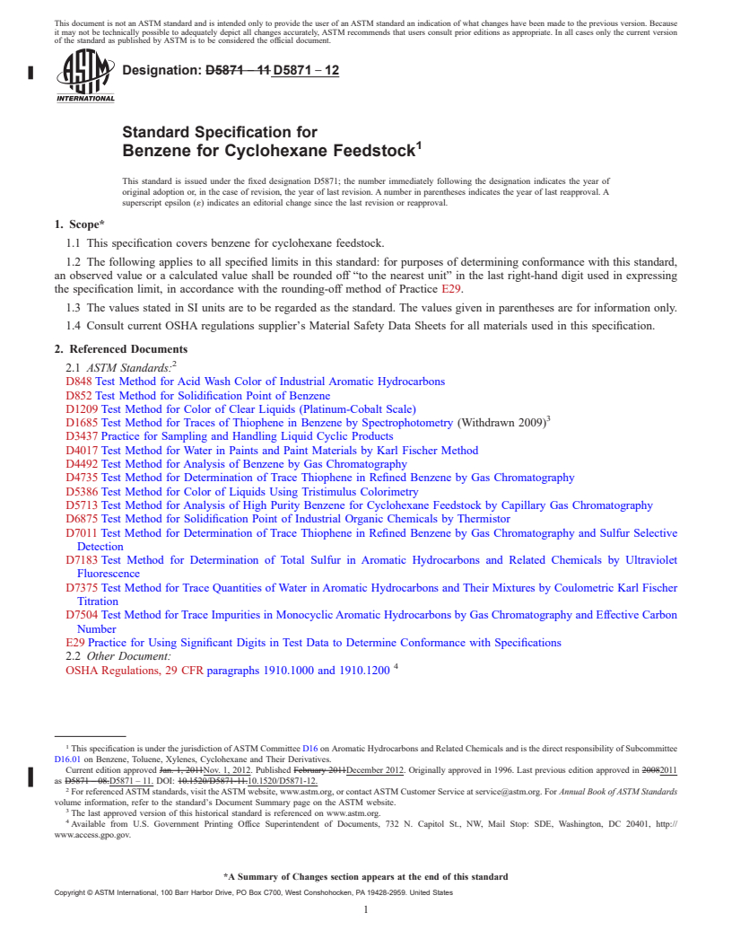 REDLINE ASTM D5871-12 - Standard Specification for Benzene for Cyclohexane Feedstock