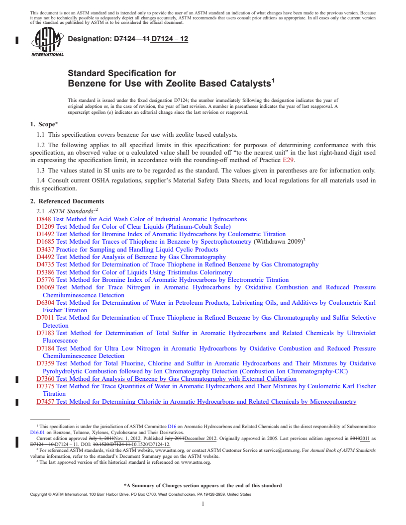REDLINE ASTM D7124-12 - Standard Specification for Benzene for Use with Zeolite Based Catalysts