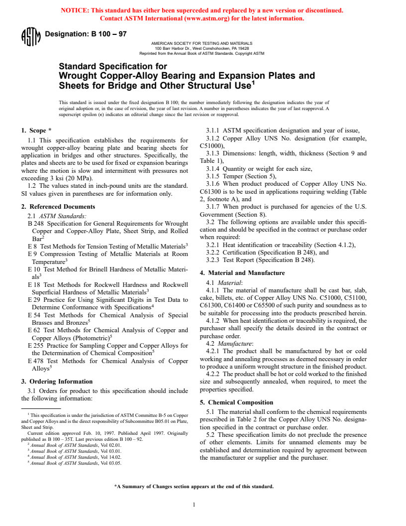 ASTM B100-97 - Standard Specification for Wrought Copper-Alloy Bearing and Expansion Plates and Sheets for Bridge and Other Structural Use