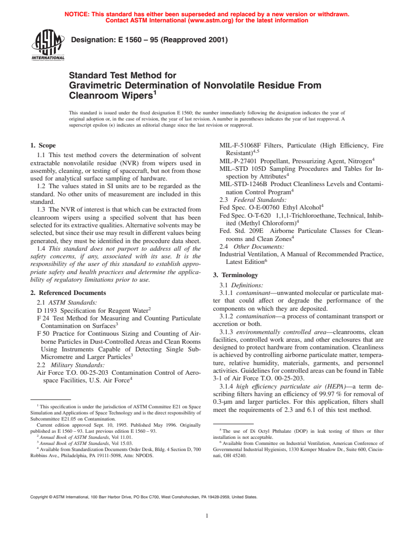 ASTM E1560-95(2001) - Standard Test Method for Gravimetric Determination of Nonvolatile Residue From Cleanroom Wipers