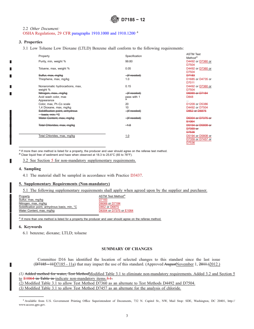 REDLINE ASTM D7185-12 - Standard Specification for Low Toluene Low Dioxane (LTLD) Benzene