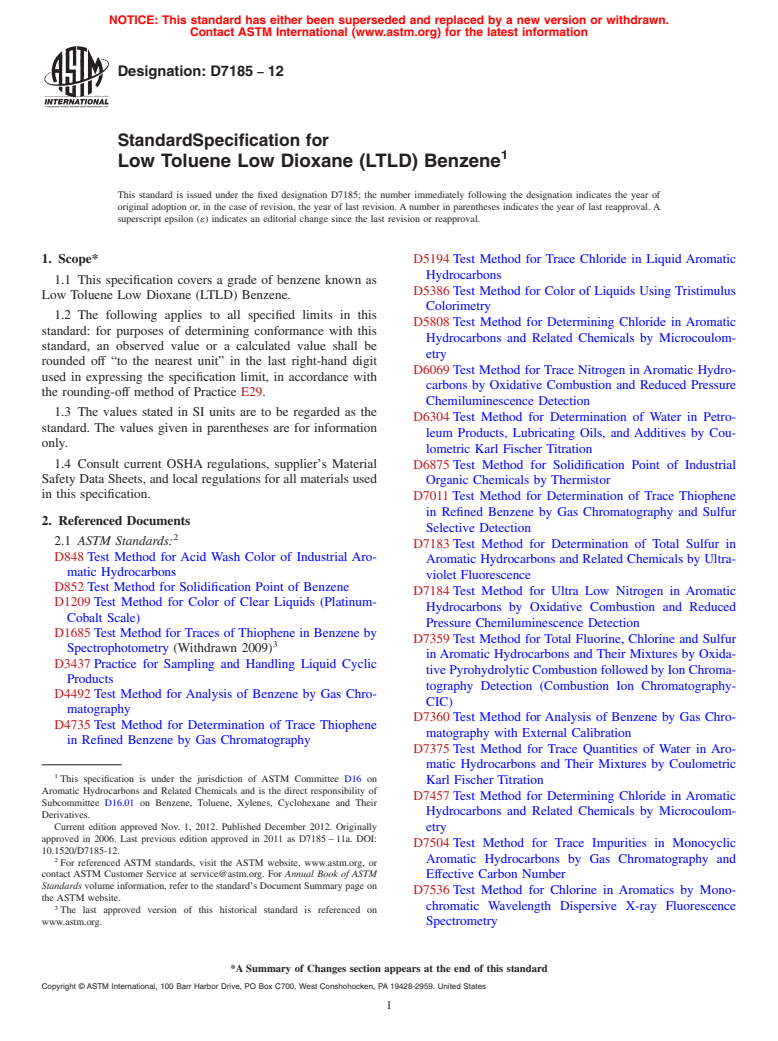 ASTM D7185-12 - Standard Specification for Low Toluene Low Dioxane (LTLD) Benzene