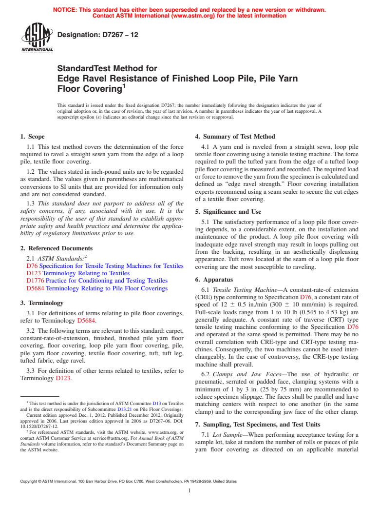 ASTM D7267-12 - Standard Test Method for  Edge Ravel Resistance of Finished Loop Pile, Pile Yarn Floor  Covering