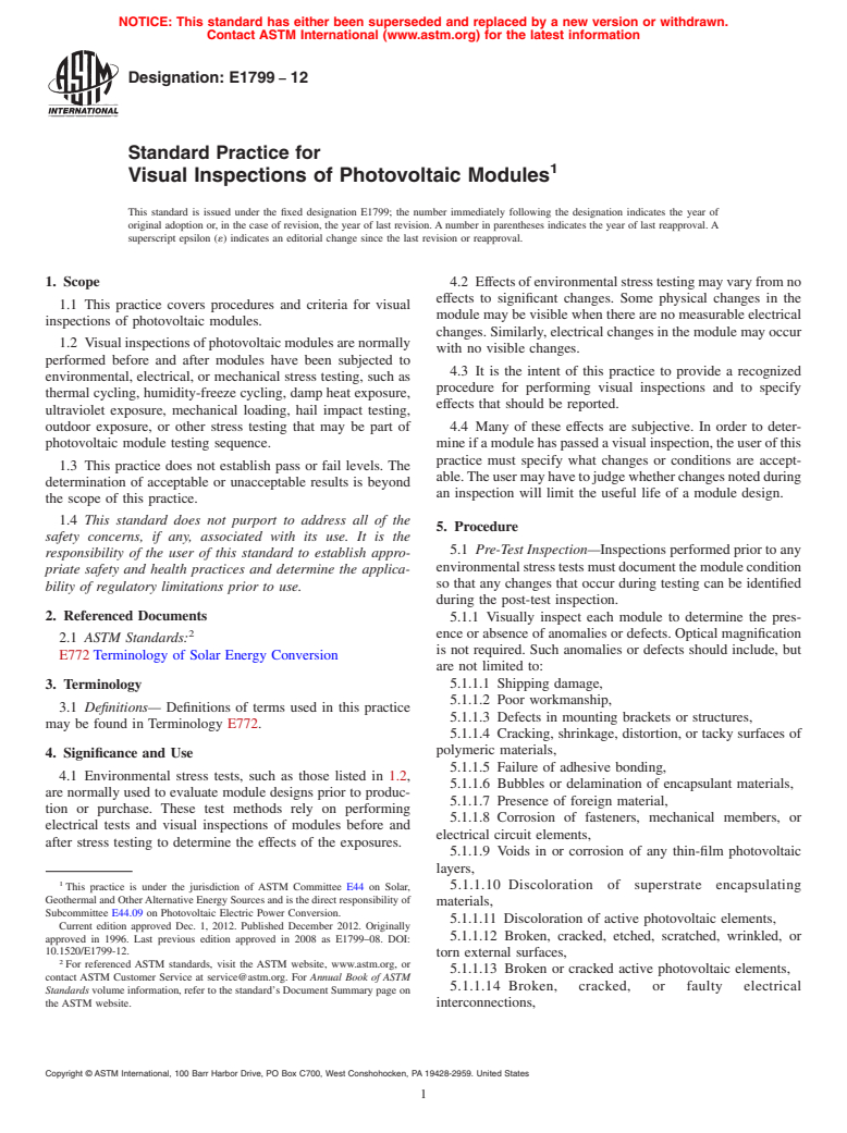 ASTM E1799-12 - Standard Practice for  Visual Inspections of Photovoltaic Modules