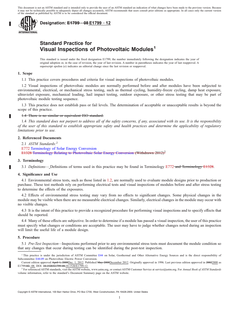 REDLINE ASTM E1799-12 - Standard Practice for  Visual Inspections of Photovoltaic Modules