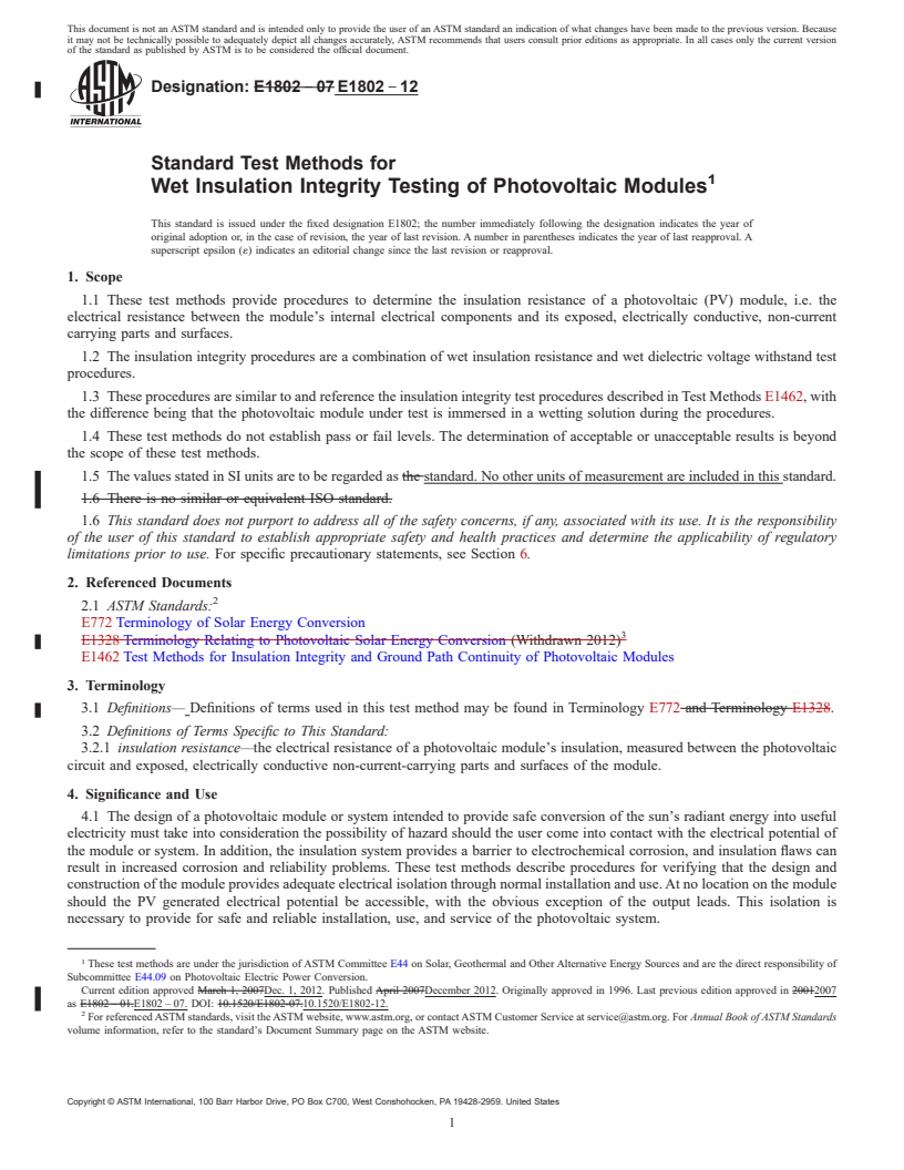 REDLINE ASTM E1802-12 - Standard Test Methods for  Wet Insulation Integrity Testing of Photovoltaic Modules