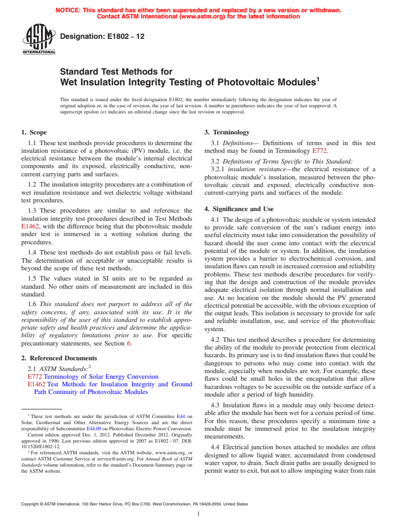 ASTM E1802-12 - Standard Test Methods for  Wet Insulation Integrity Testing of Photovoltaic Modules