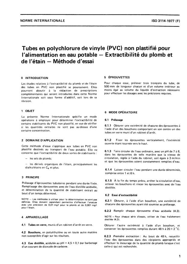 ISO 3114:1977 - Tubes en polychlorure de vinyle (PVC) non plastifié pour l'alimentation en eau potable -- Extractibilité du plomb et de l'étain -- Méthode d'essai