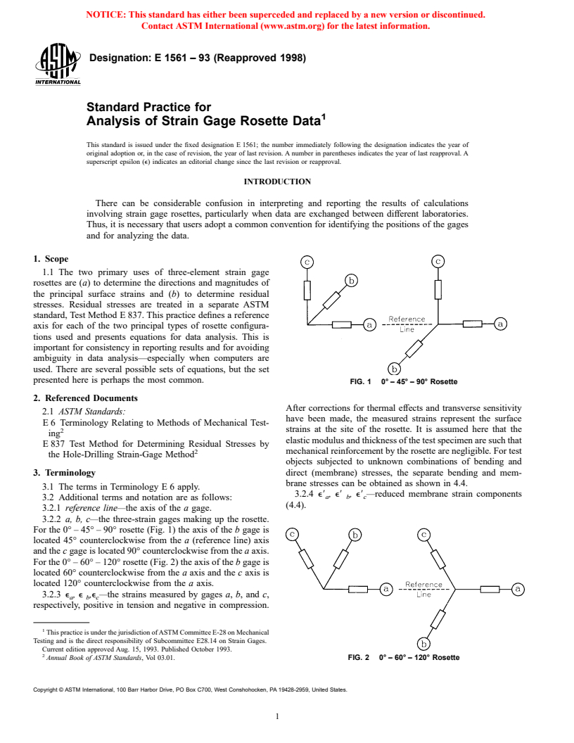 ASTM E1561-93(1998) - Standard Practice for Analysis of Strain Gage Rosette Data