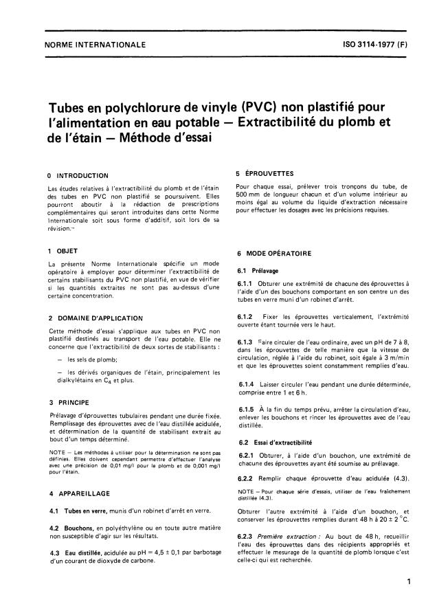 ISO 3114:1977 - Tubes en polychlorure de vinyle (PVC) non plastifié pour l'alimentation en eau potable -- Extractibilité du plomb et de l'étain -- Méthode d'essai