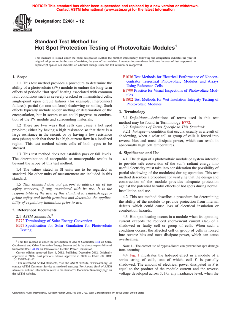 ASTM E2481-12 - Standard Test Method for  Hot Spot Protection Testing of Photovoltaic Modules