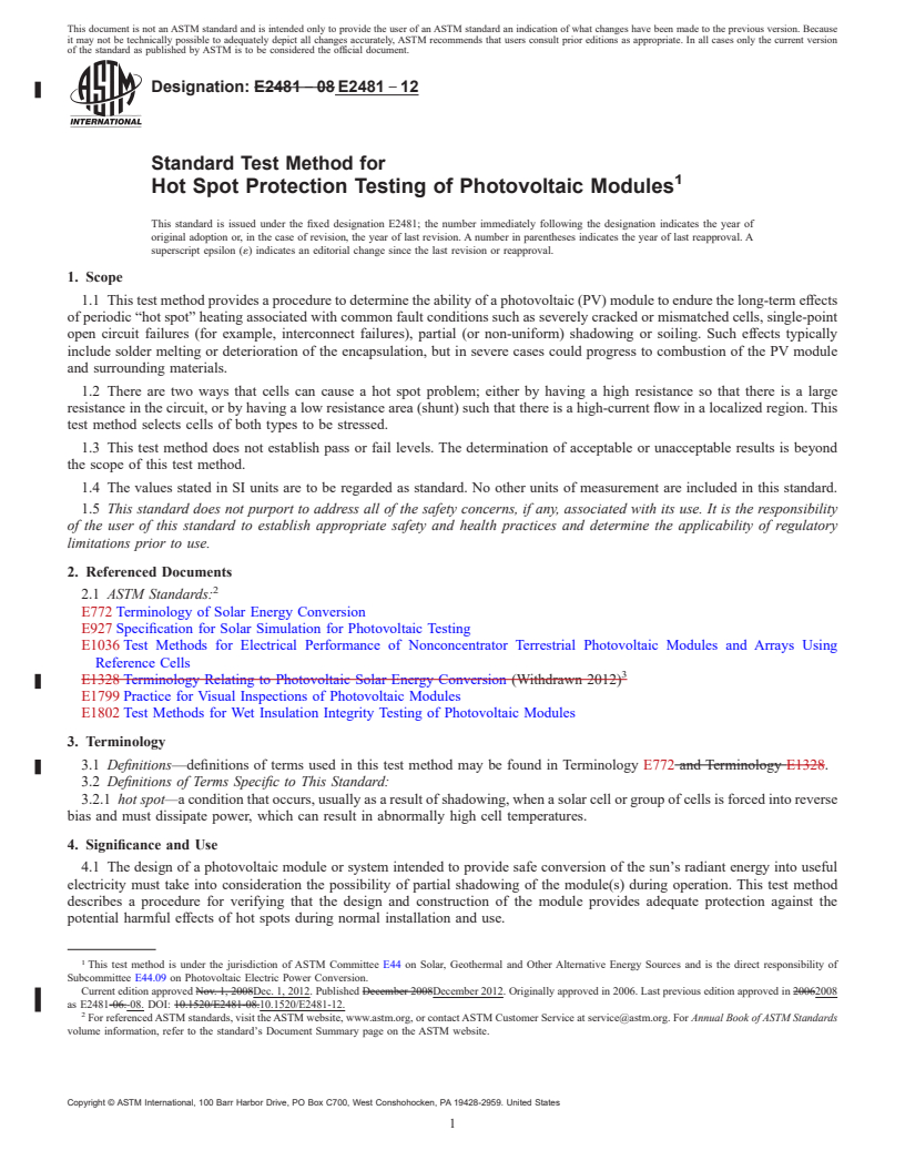 REDLINE ASTM E2481-12 - Standard Test Method for  Hot Spot Protection Testing of Photovoltaic Modules