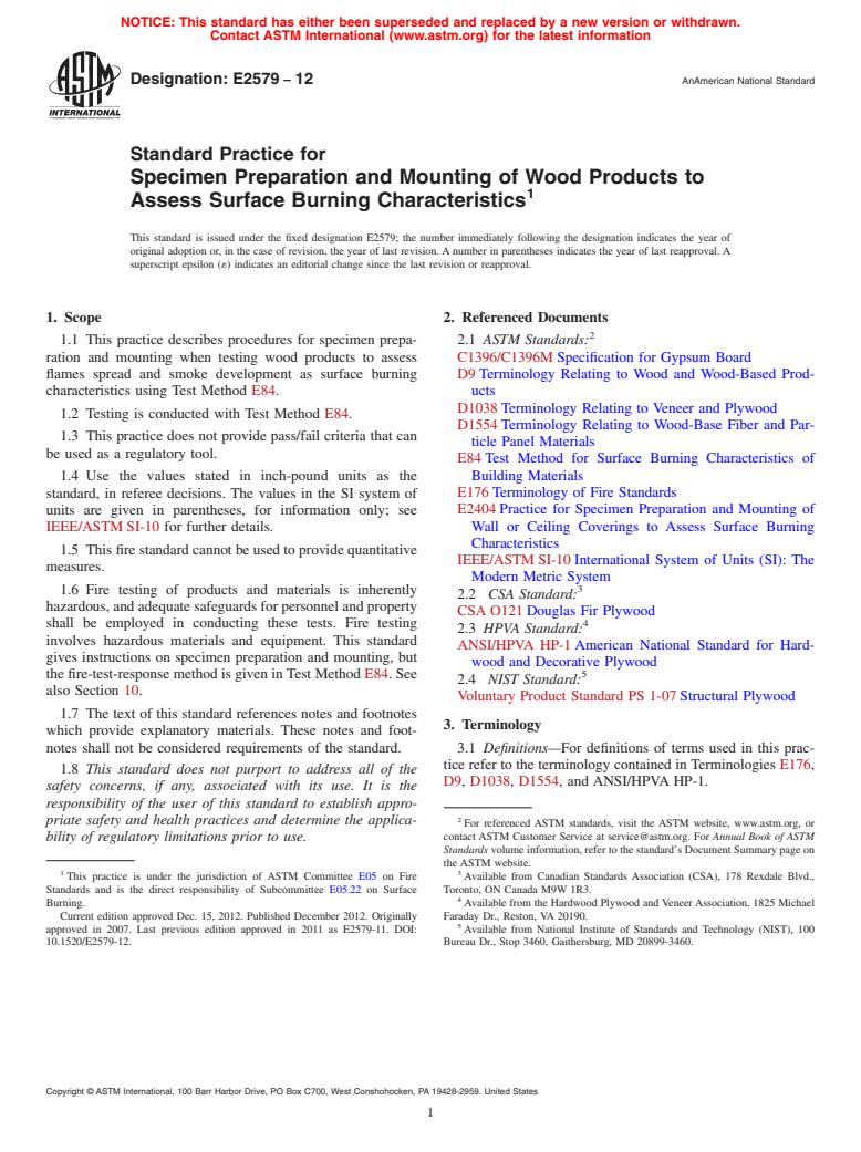 ASTM E2579-12 - Standard Practice for  Specimen Preparation and Mounting of Wood Products to Assess  Surface Burning Characteristics
