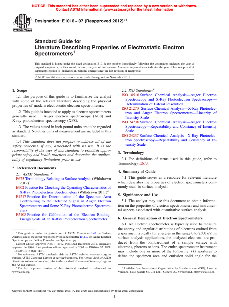 ASTM E1016-07(2012)e1 - Standard Guide for Literature Describing Properties of Electrostatic Electron Spectrometers