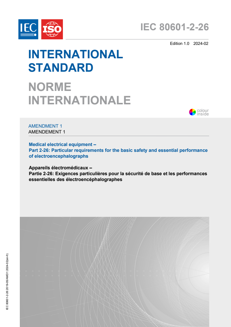 IEC 80601-2-26:2019/Amd 1:2024 - Medical electrical equipment — Part 2-26: Particular requirements for the basic safety and essential performance of electroencephalographs — Amendment 1
Released:15. 02. 2024