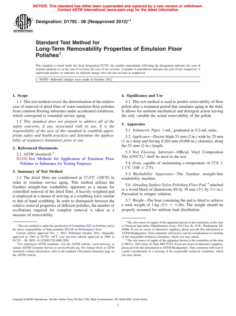 ASTM D1792-06(2012)e1 - Standard Test Method for Long-Term Removability Properties of Emulsion Floor Polishes