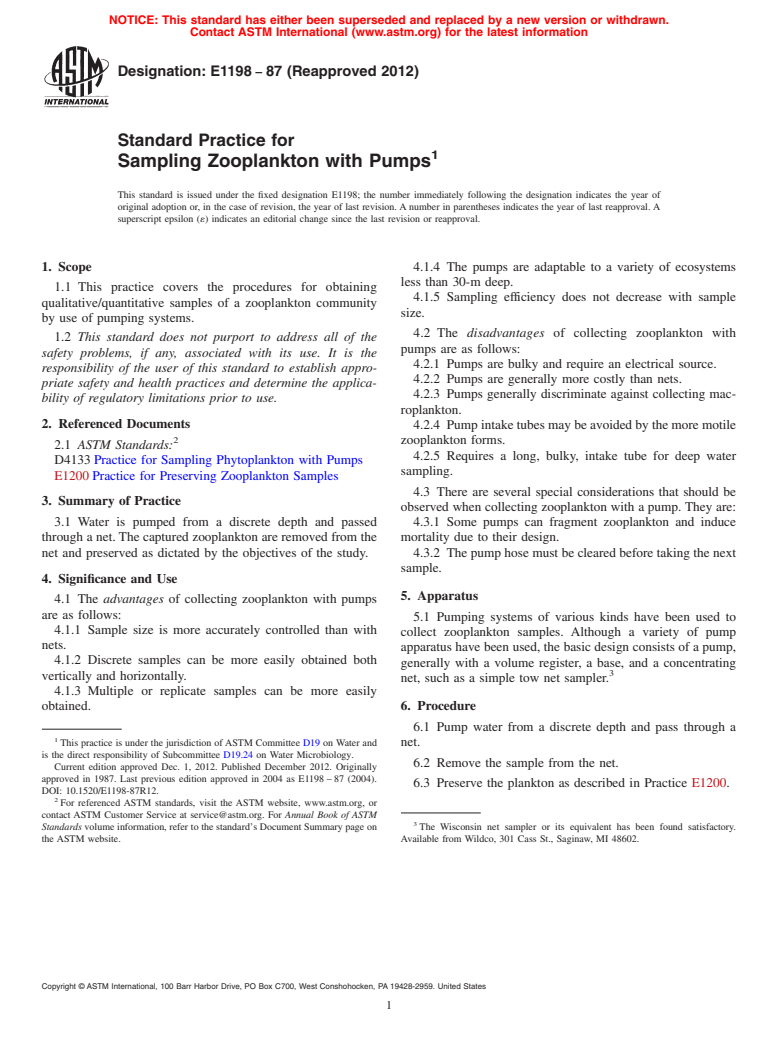 ASTM E1198-87(2012) - Standard Practice for  Sampling Zooplankton with Pumps