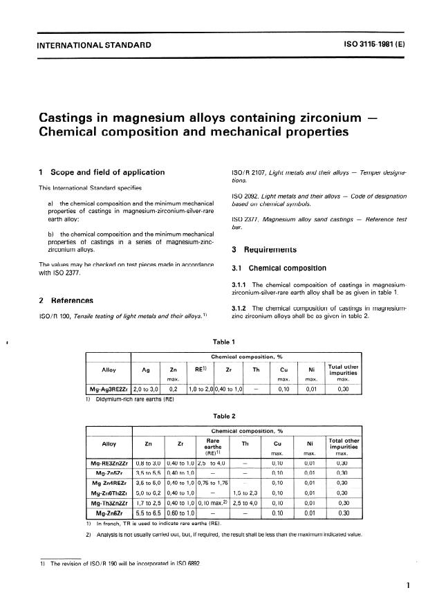 ISO 3115:1981 - Castings in magnesium alloys containing zirconium -- Chemical composition and mechanical properties