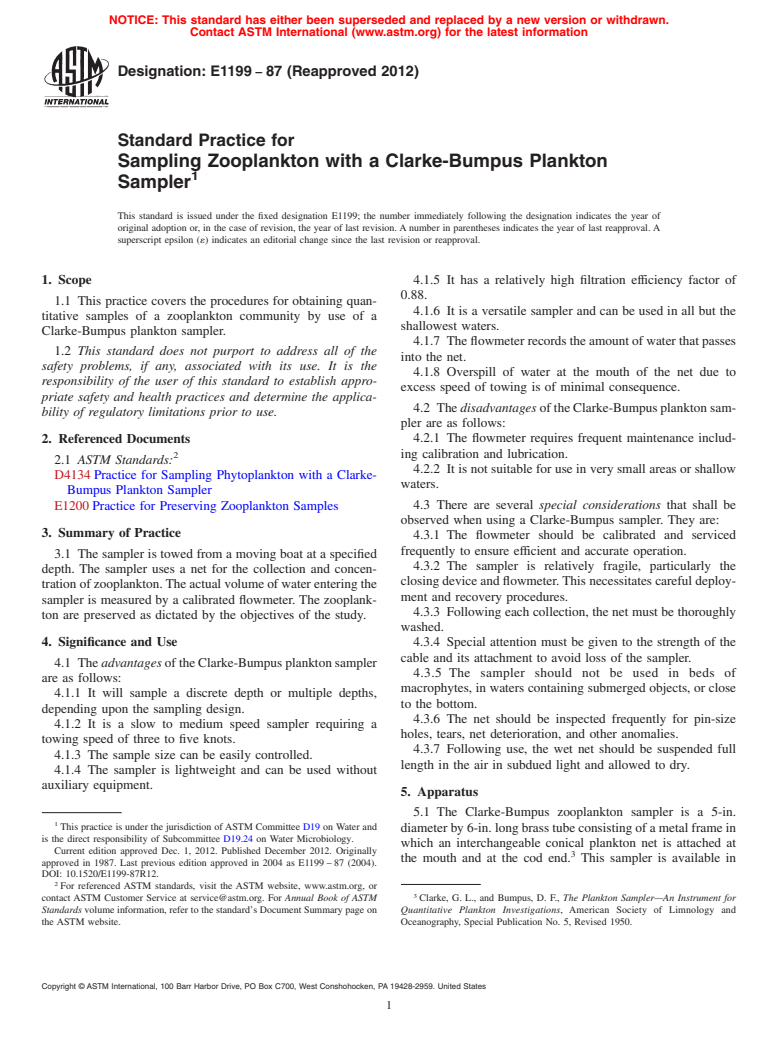 ASTM E1199-87(2012) - Standard Practice for  Sampling Zooplankton with a Clarke-Bumpus Plankton Sampler