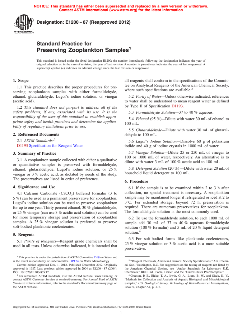 ASTM E1200-87(2012) - Standard Practice for  Preserving Zooplankton Samples