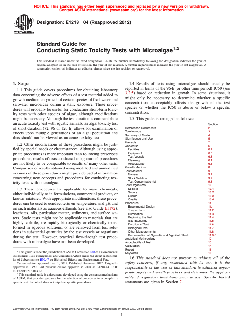 ASTM E1218-04(2012) - Standard Guide for  Conducting Static Toxicity Tests with Microalgae (Withdrawn 2021)