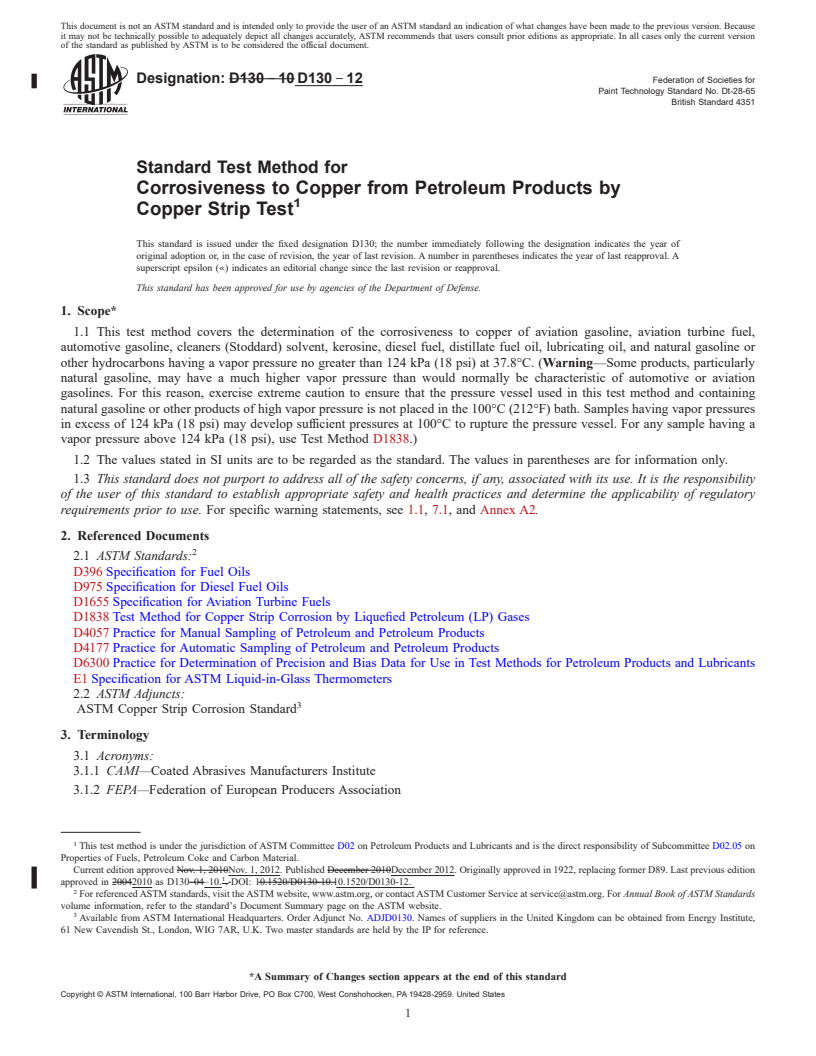 REDLINE ASTM D130-12 - Standard Test Method for Corrosiveness to Copper from Petroleum Products by Copper Strip   Test