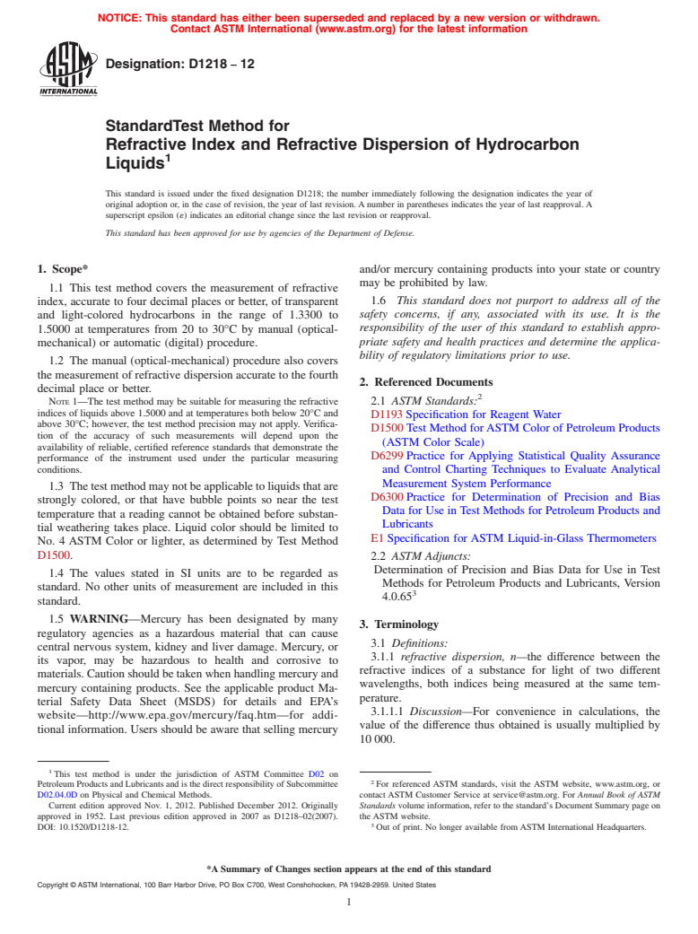 ASTM D1218-12 - Standard Test Method for Refractive Index and Refractive Dispersion of Hydrocarbon Liquids