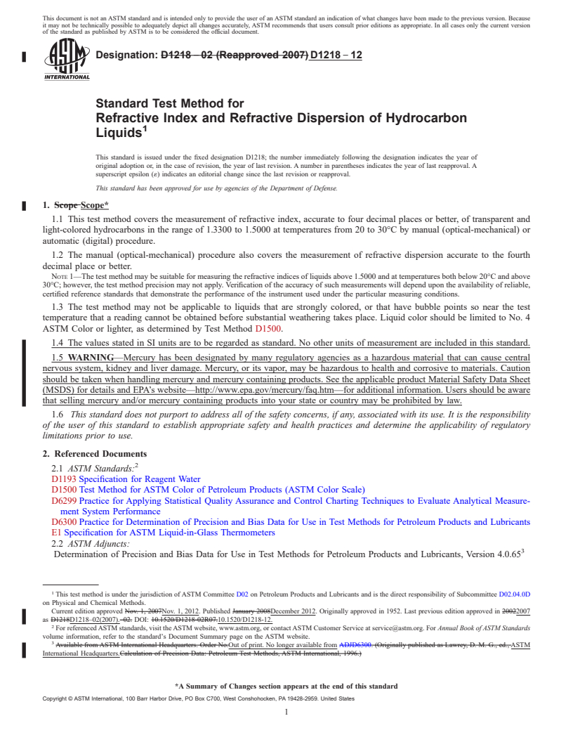 REDLINE ASTM D1218-12 - Standard Test Method for Refractive Index and Refractive Dispersion of Hydrocarbon Liquids