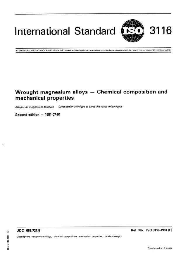 ISO 3116:1981 - Wrought magnesium alloys -- Chemical composition and mechanical properties