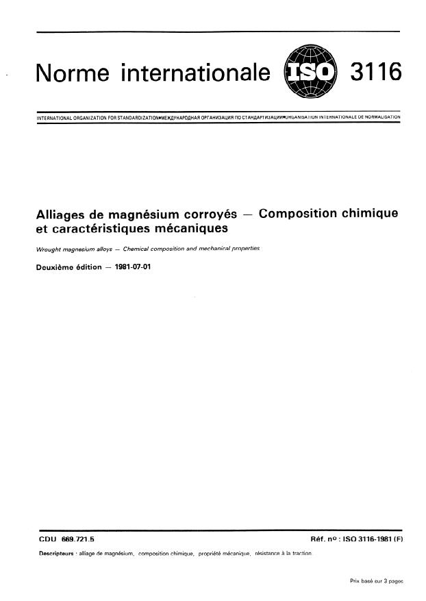 ISO 3116:1981 - Alliages de magnésium corroyés -- Composition chimique et caractéristiques mécaniques