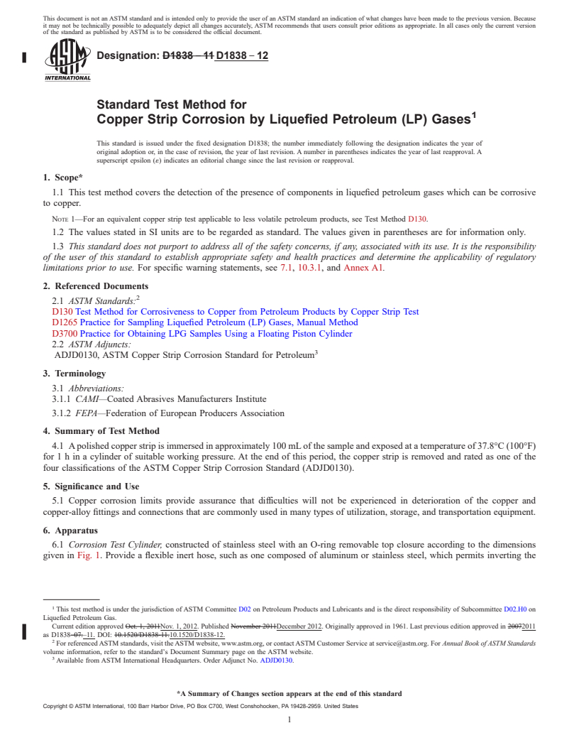 REDLINE ASTM D1838-12 - Standard Test Method for Copper Strip Corrosion by Liquefied Petroleum (LP) Gases